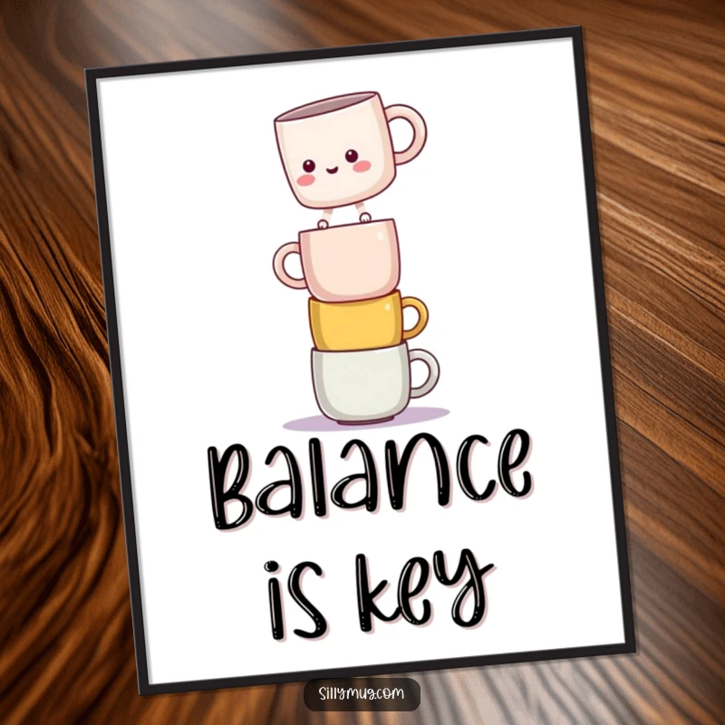 Funny poster displaying a kawaii mug character in a daring balance on a pile of mugs, emphasizing comical risk.