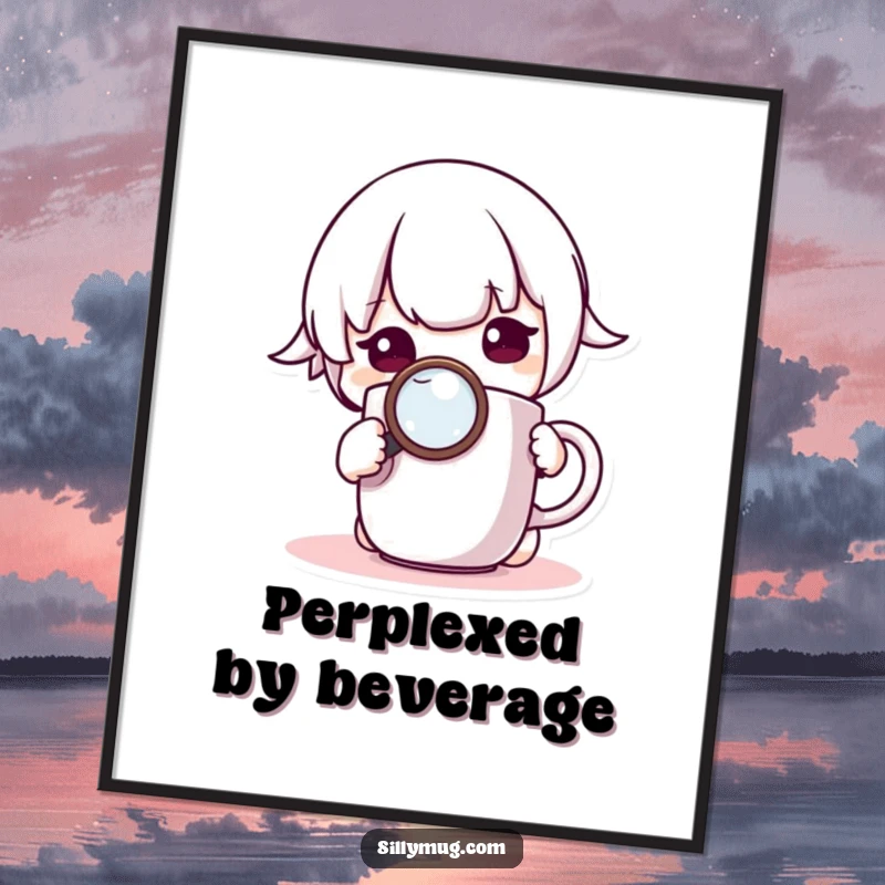 Funny Poster: A curious Kawaii character uses a magnifying glass to study a mug, creating an image of focused humor and cuteness.
