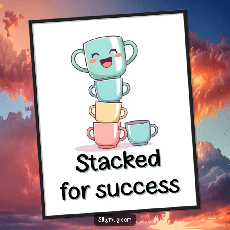 Funny laughing mug tower poster, depicting a mug precariously balanced on stacked cups, for humorous wall decor.