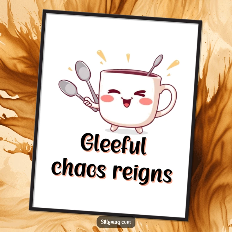 Funny winking mug juggler poster, depicting a mug juggling spoons, for humorous wall decor.