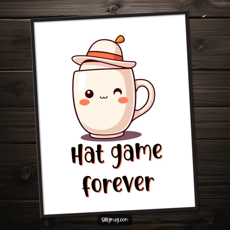 Funny Kawaii mug character with a tilted jaunty hat poster, perfect for adding cute and humorous artistic flair to wall decor.