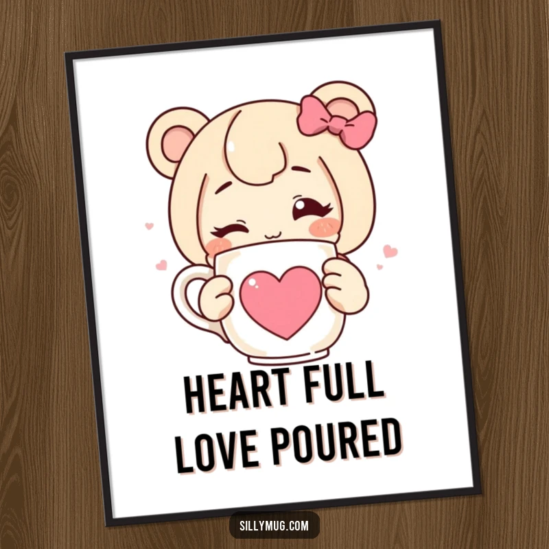 Funny poster art of a character winking and holding a steaming mug with a heart, adding a humorous and affectionate touch to decor.