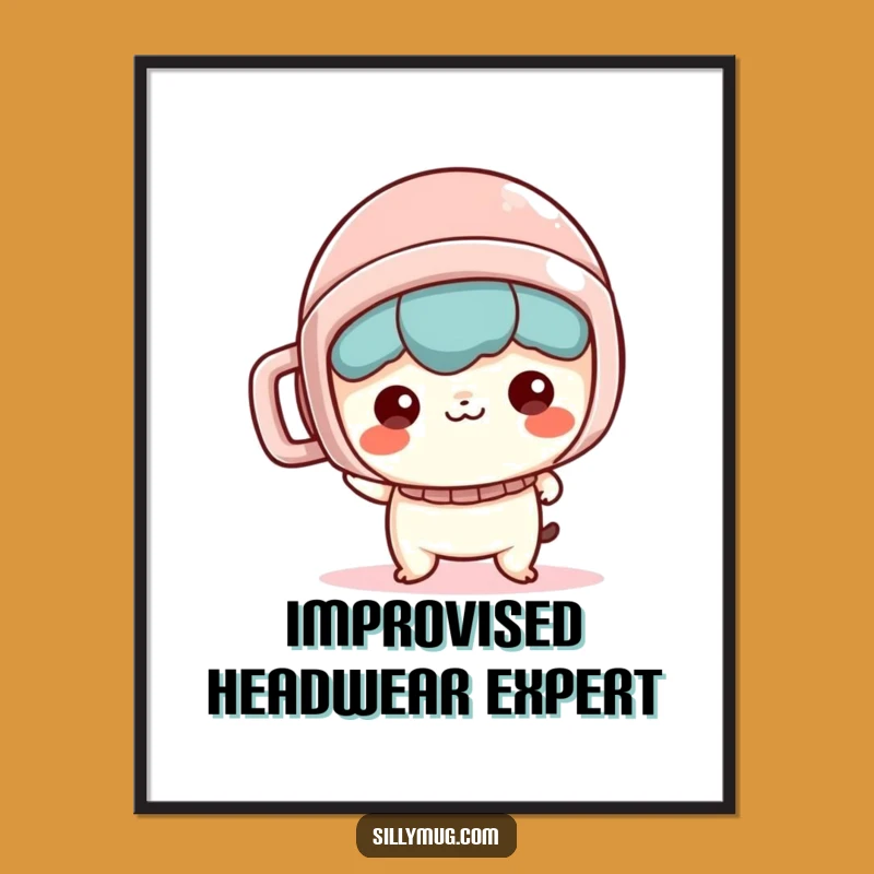 Funny Kawaii Poster: Mischievous Character Mug Helmet Art - Perfect Humorous Wall Decor