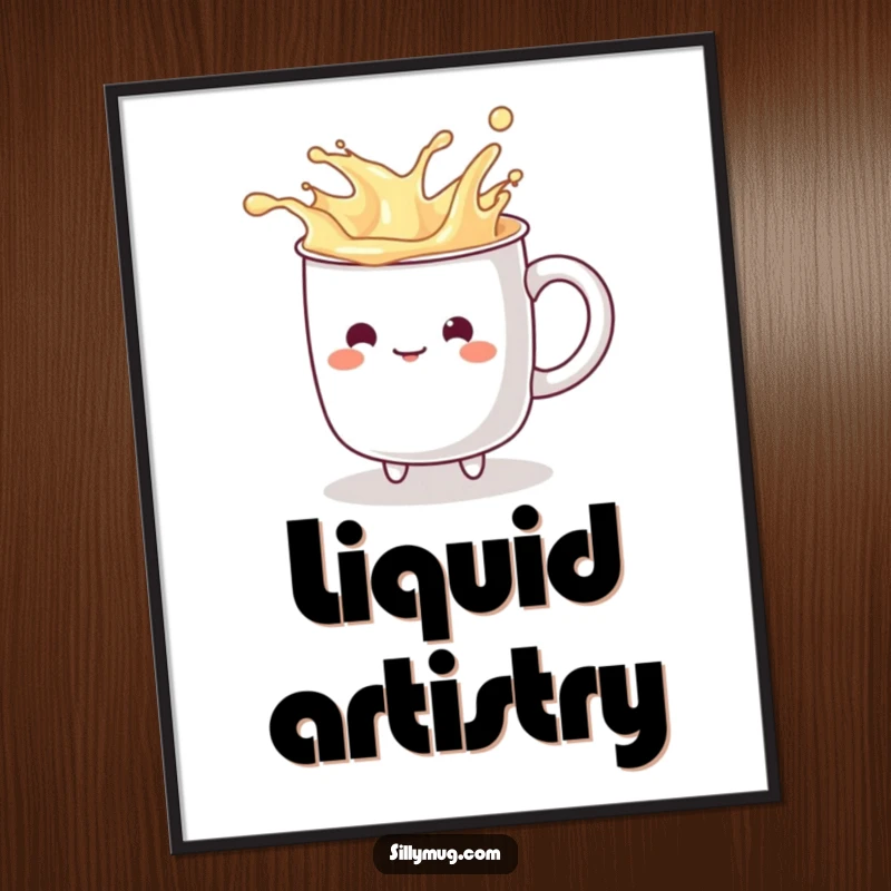 Funny kawaii mug character playfully splashing imaginary liquid from its rim, presented as vibrant and humorous digital art.