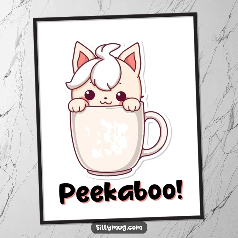 Funny poster of a character peeking over a mug with a mischievous grin, adding playful decor.