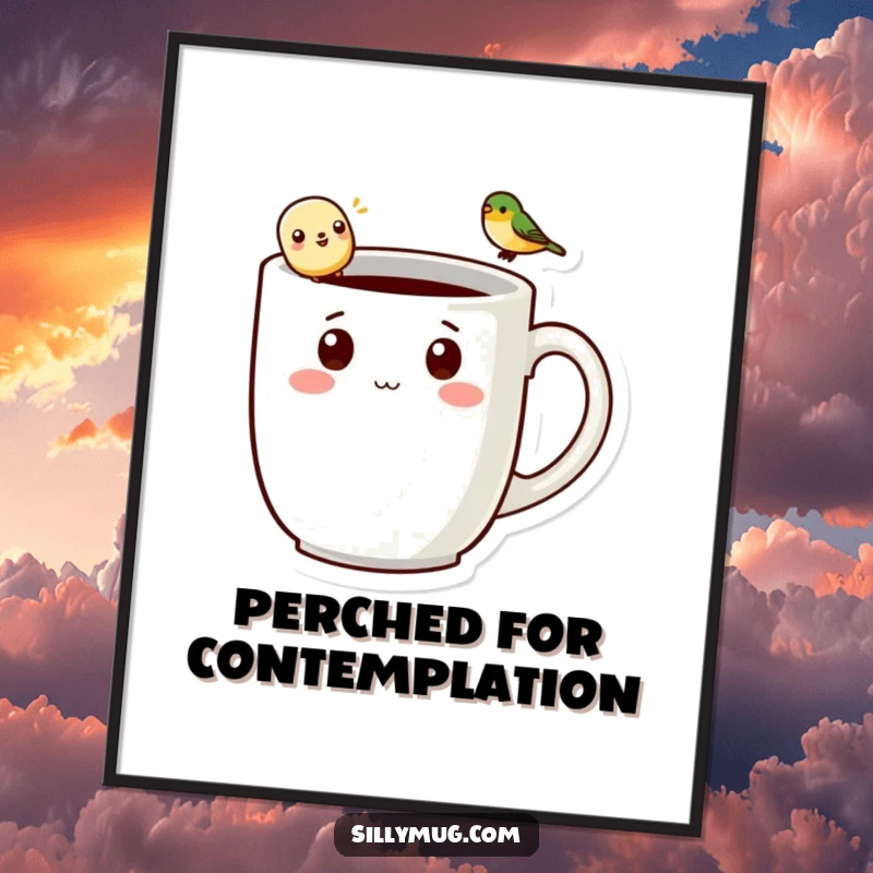 Funny kawaii mug character with a tiny bird on its handle, displayed as whimsical wall art, bringing smiles and charm.