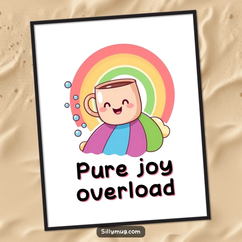 Funny smiling mug rainbow slide poster, showing a mug joyfully sliding down a colorful rainbow with a bubbly trail.