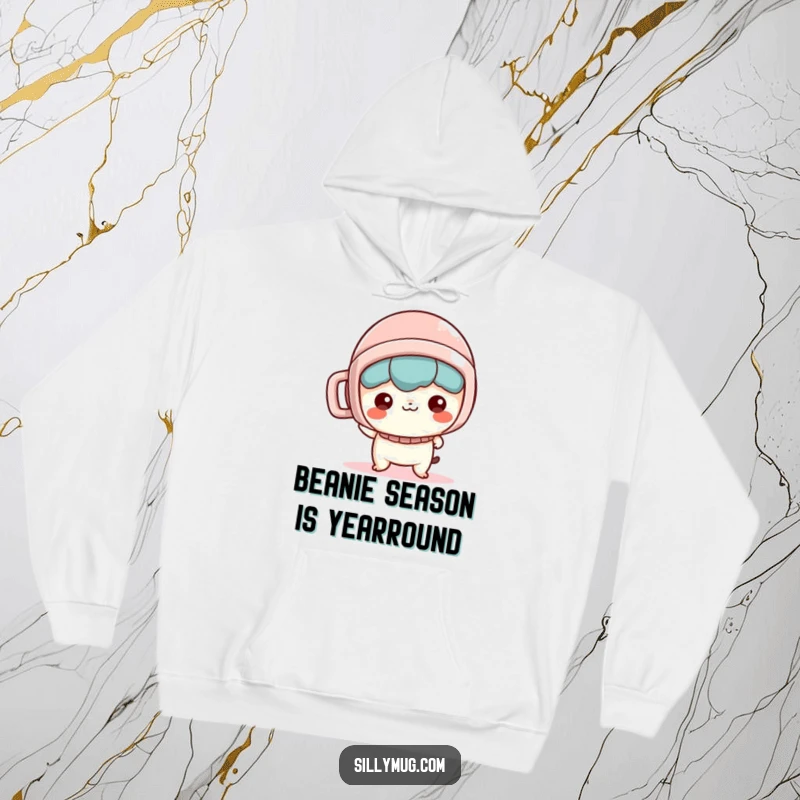 Funny Hoodie: A mischievous Kawaii character dons a mug as a helmet, exuding playful confidence and cozy vibes.