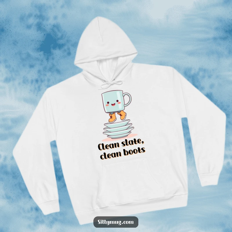 Funny booted mug hop hoodie, showing a mug in boots gleefully jumping over stacked dishes, for cozy humor.