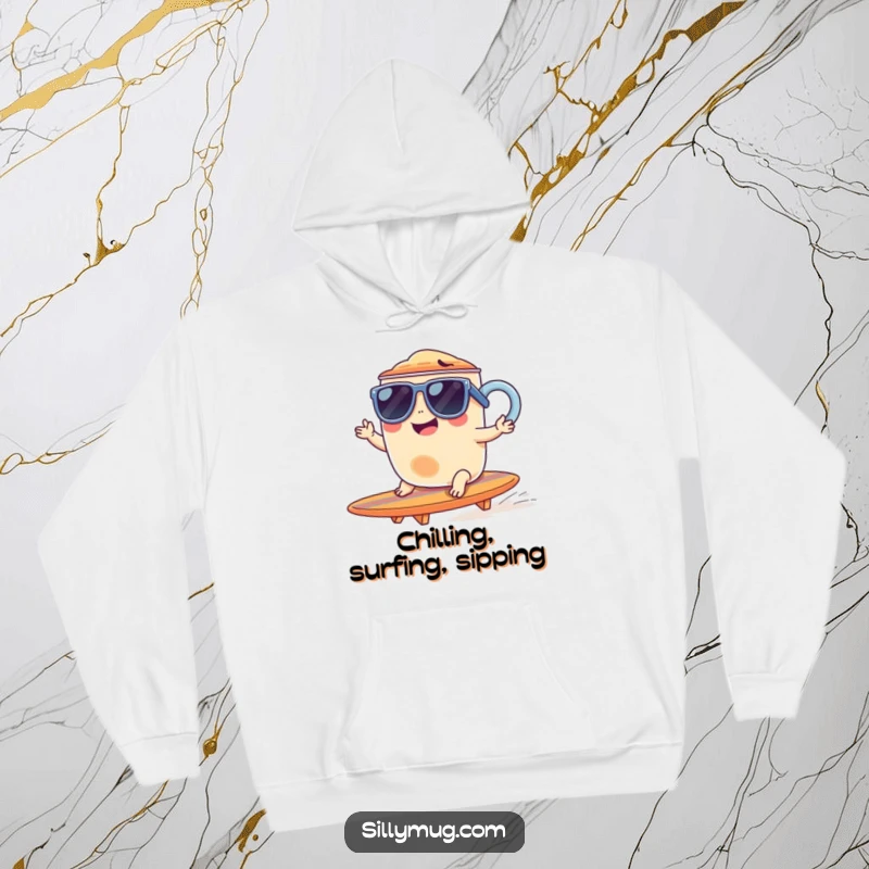 Funny hoodie featuring a giggling mug wearing sunglasses and riding a tiny surfboard, cozy and radiating cool beach vibes.