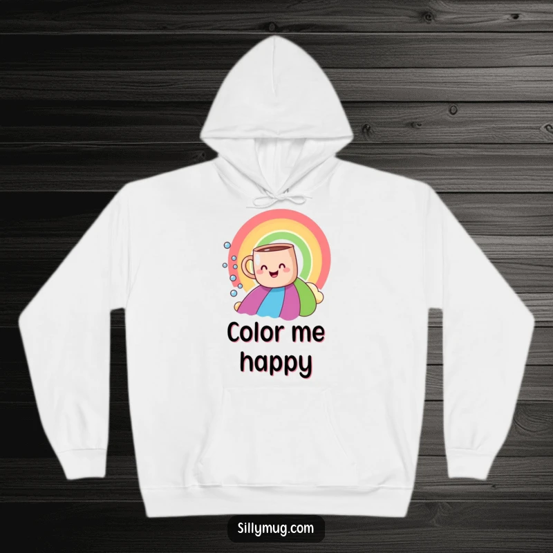 Funny smiling mug rainbow slide hoodie, showing a mug with bubbles descending a colorful rainbow, for cozy humor.