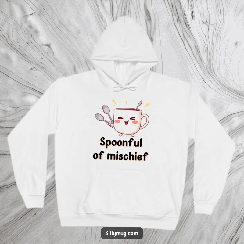 Funny winking mug juggler hoodie, showing a mug juggling spoons playfully, for cozy humor.