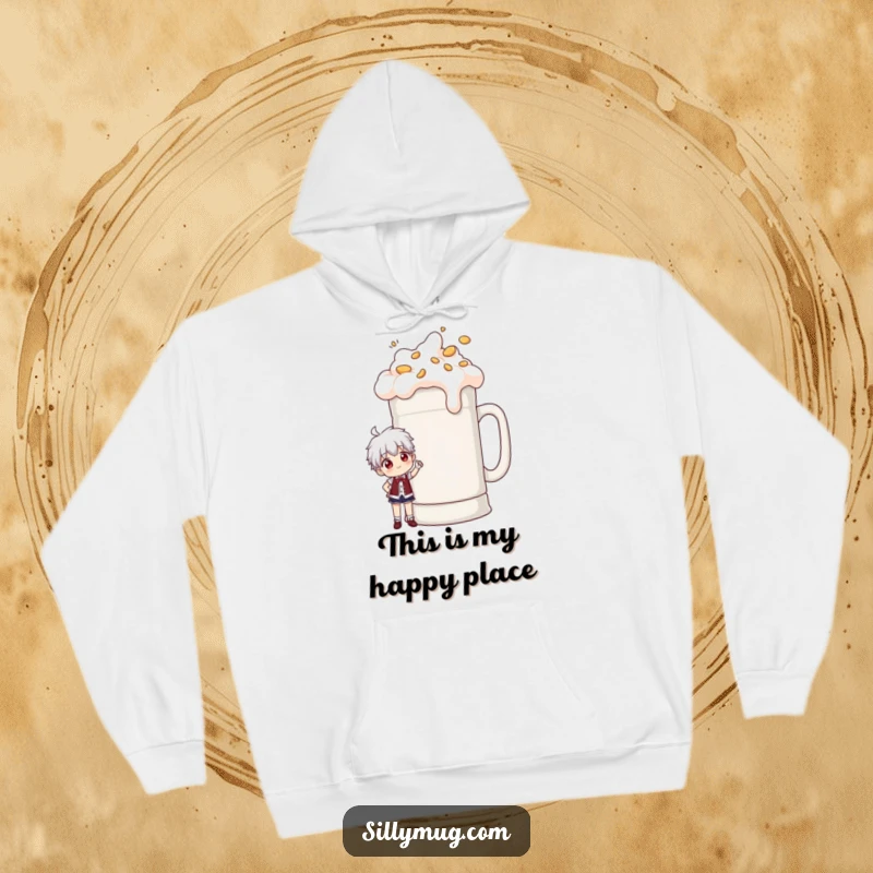 Funny hoodie depicting a character proudly posing next to a comically large, overflowing coffee mug, celebrating big coffee energy.