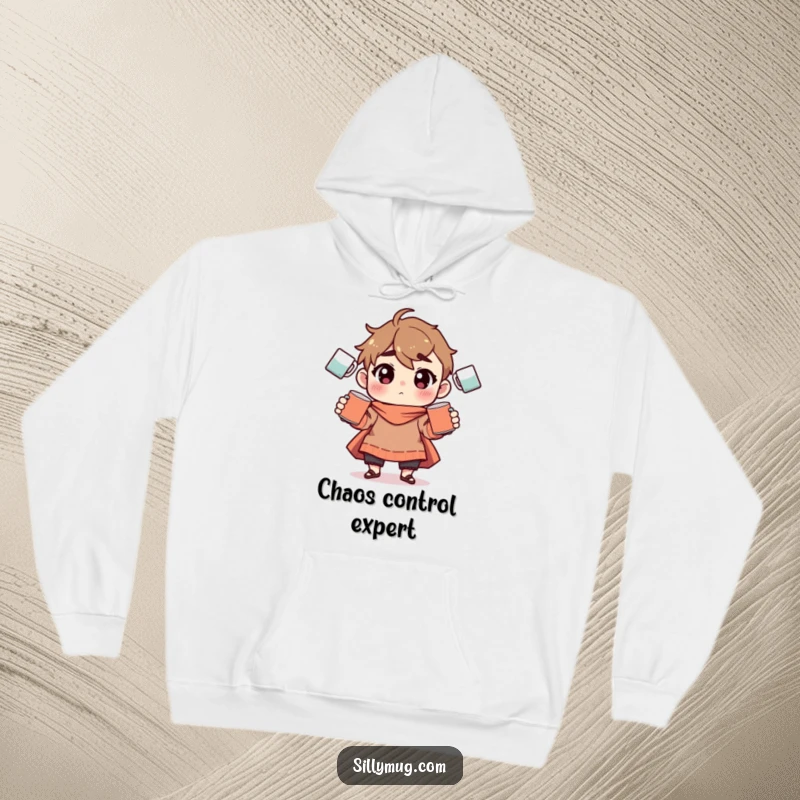 Funny Hoodie: A character appears to be balancing several mugs mid-air, a humorous representation of coffee addiction.