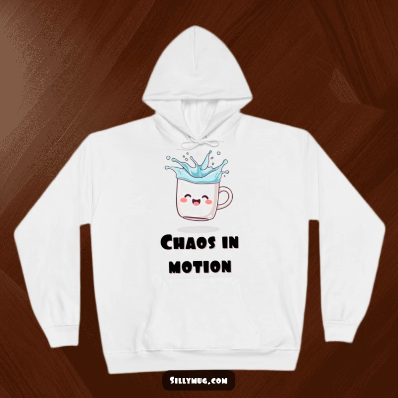 Funny Hoodie: A joyful mug is illustrated spinning like a top, splashing imaginary liquid, a super cozy and funny graphic.