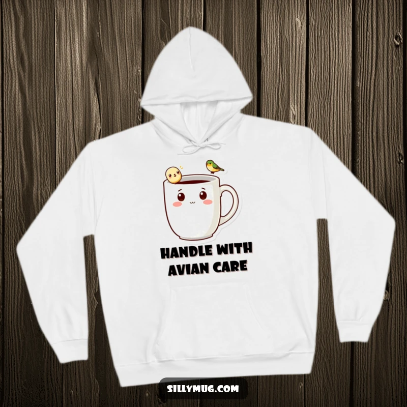Funny kawaii mug character with a perched bird on a cozy hoodie, offering warmth and a cheerful, humorous design.