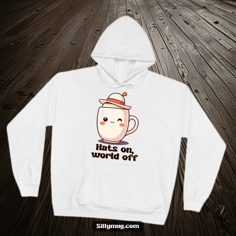 Funny Kawaii mug character with a jaunty hat on a hoodie, offering cozy comfort with an adorable and humorous design for a funny gift.