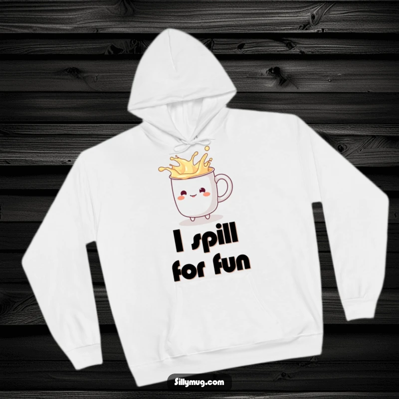 Funny kawaii mug character playfully splashing imaginary liquid, featured on a soft and warm hoodie for humorous comfort.