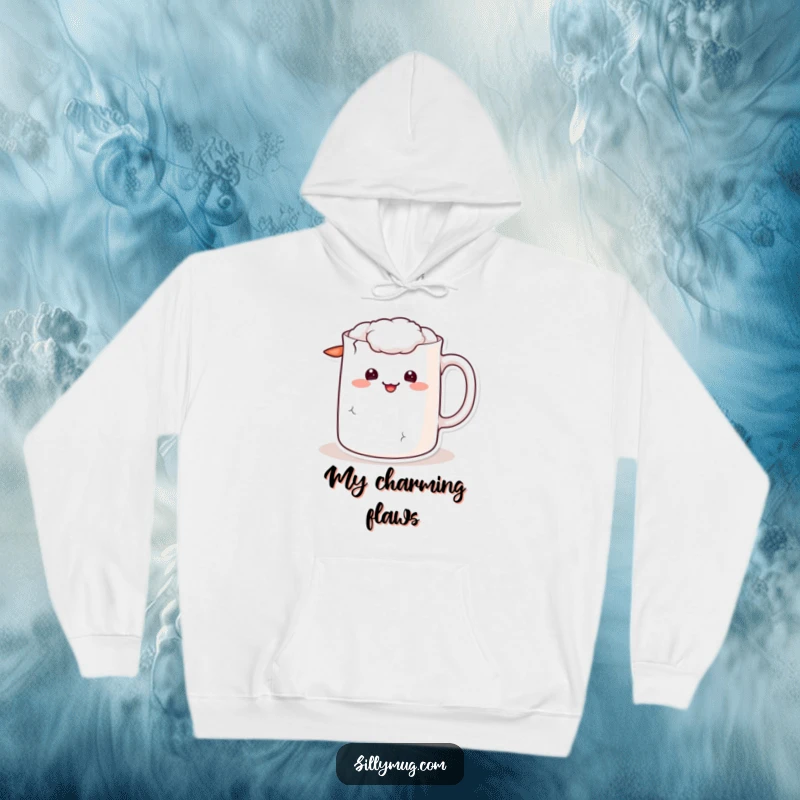 Funny kawaii hoodie showing a mug character with a cracked handle and a sheepish grin, perfect for cozy wear.