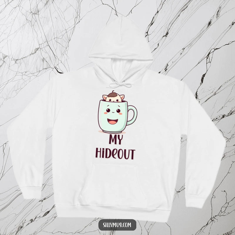 Funny hoodie with a playful Kawaii character peeking out from a large, cheerful mug, providing warmth and a touch of humor.