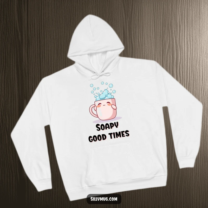 Funny hoodie featuring a character playfully tapping a mug overflowing with bubbles, perfect for cozy, bubbly fun.