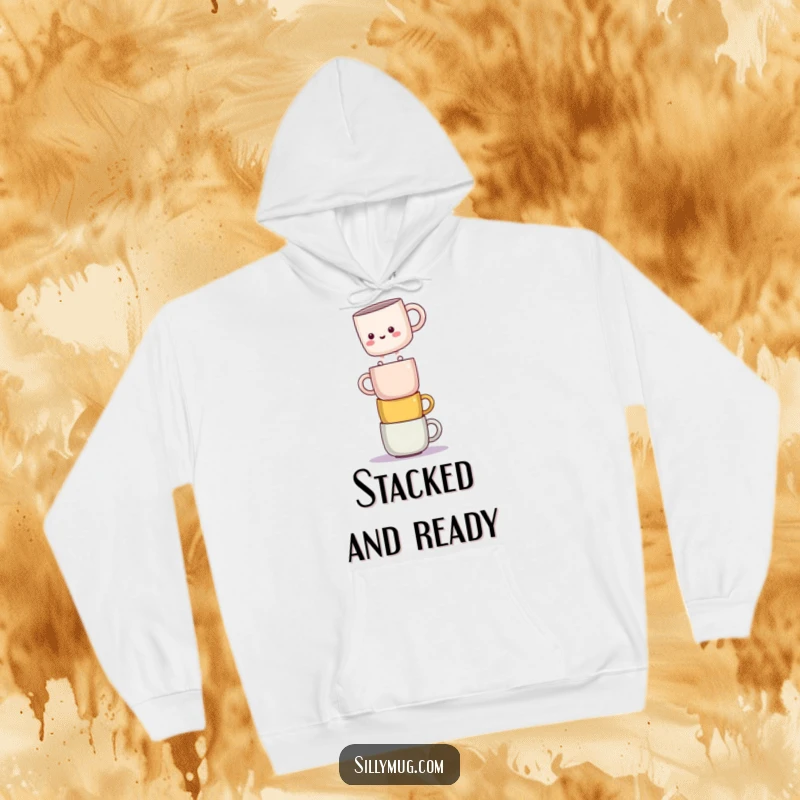 Funny hoodie depicting a kawaii mug character balancing daringly on a tower of mugs, offering humor and warmth.