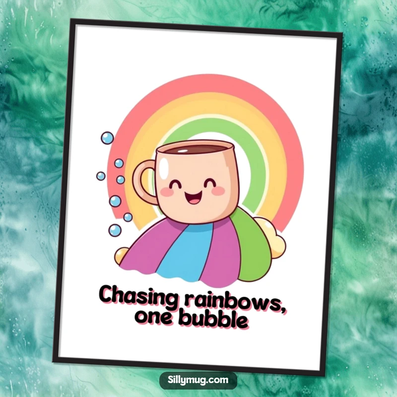 Funny Free Printable Wall Art: A happy mug slides down a vibrant rainbow, leaving a sparkling trail of bubbles.