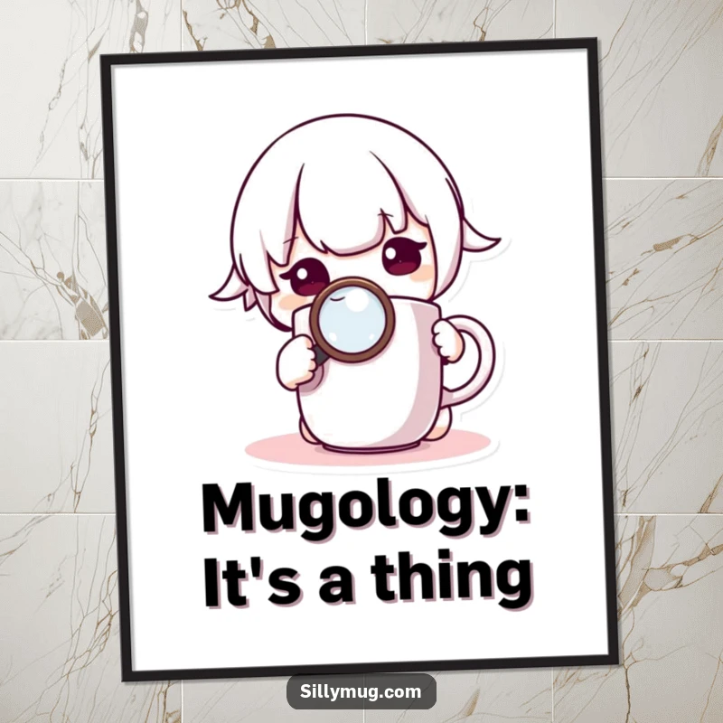 Funny Free Printable Wall Art: Curious Kawaii character peers intently at a mug through a magnifying glass, sparking imagination.