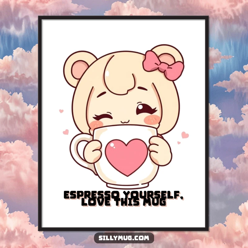 Funny Free Printable Wall Art: Winking character holding a heart mug, charming and humorous downloadable decor, perfect DIY art.