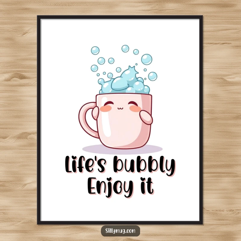 Funny Free Printable Wall Art: Character playfully tapping a mug overflowing with bubbles, a whimsical art piece.