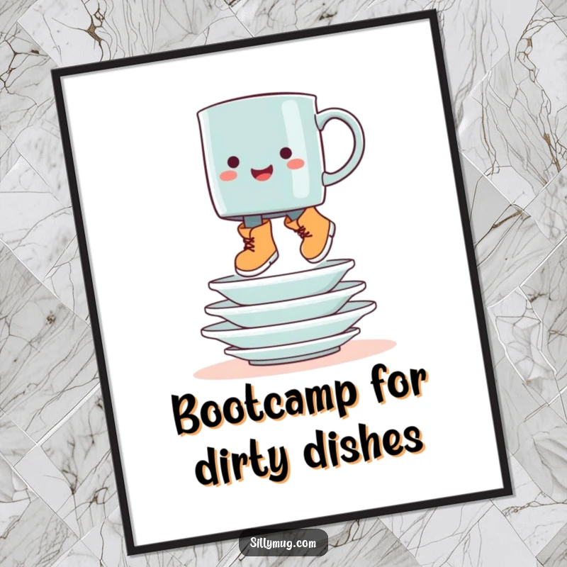 Funny Free Printable Wall Art: A mug wearing little boots joyfully hops over a tall stack of plates and cups.