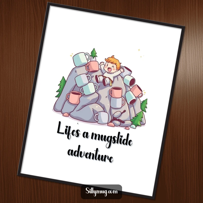 Funny Free Printable Wall Art: A character joyfully slides down a massive mountain constructed from mugs, creating a dynamic and humorous piece.