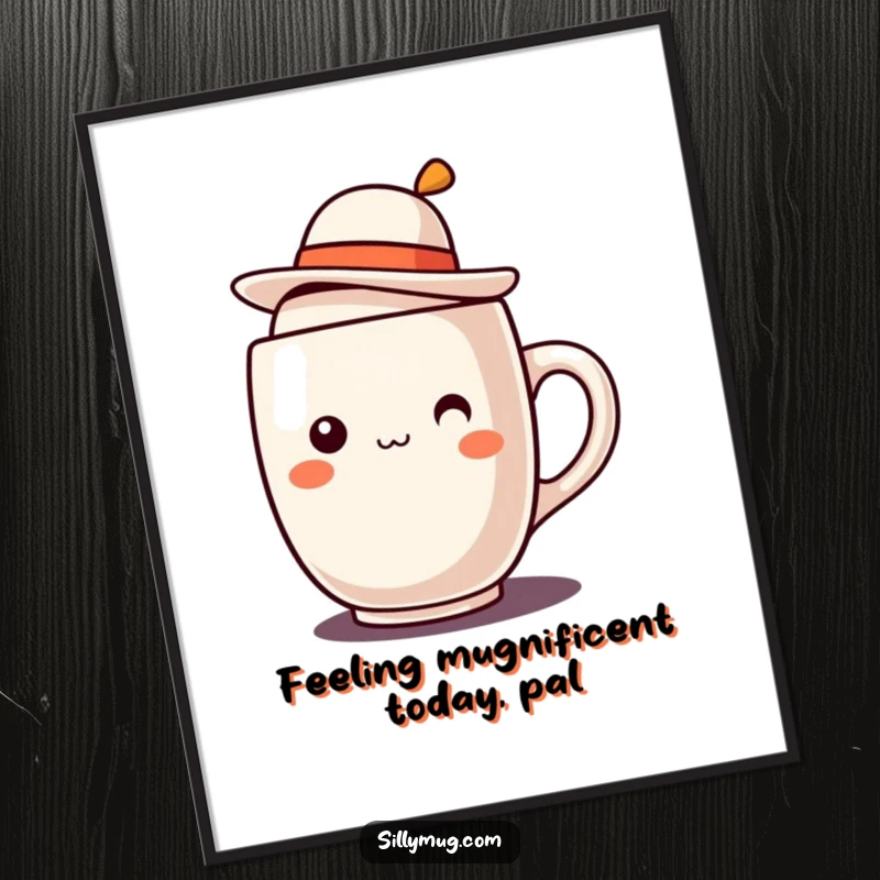 Funny Free Printable Wall Art: A kawaii mug character with a tiny hat tilted jauntily on its rim.