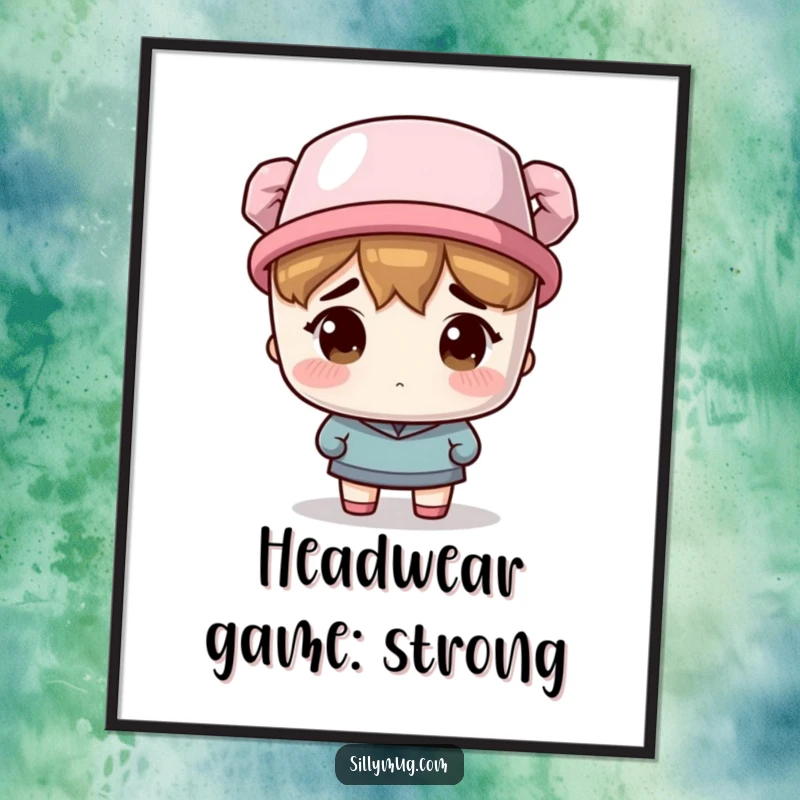 Funny Free Printable Wall Art: Character looks hilariously bewildered wearing a coffee mug as a hat, perfect for adding humor to walls.