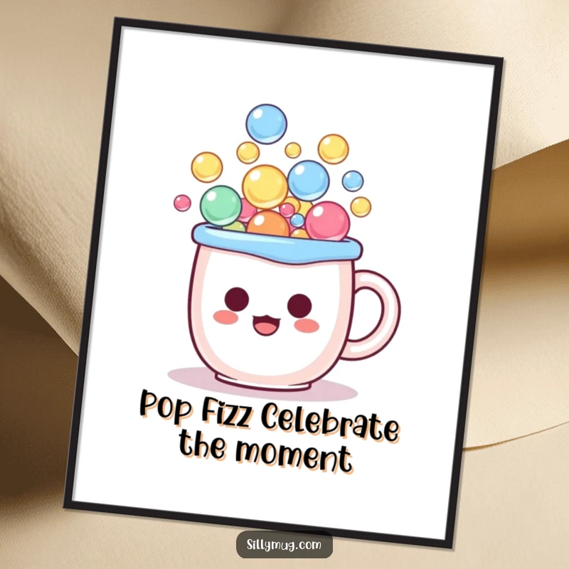 Funny Free Printable Wall Art: A kawaii mug character with wide, surprised eyes, overflowing with a vibrant explosion of colorful bubbles.