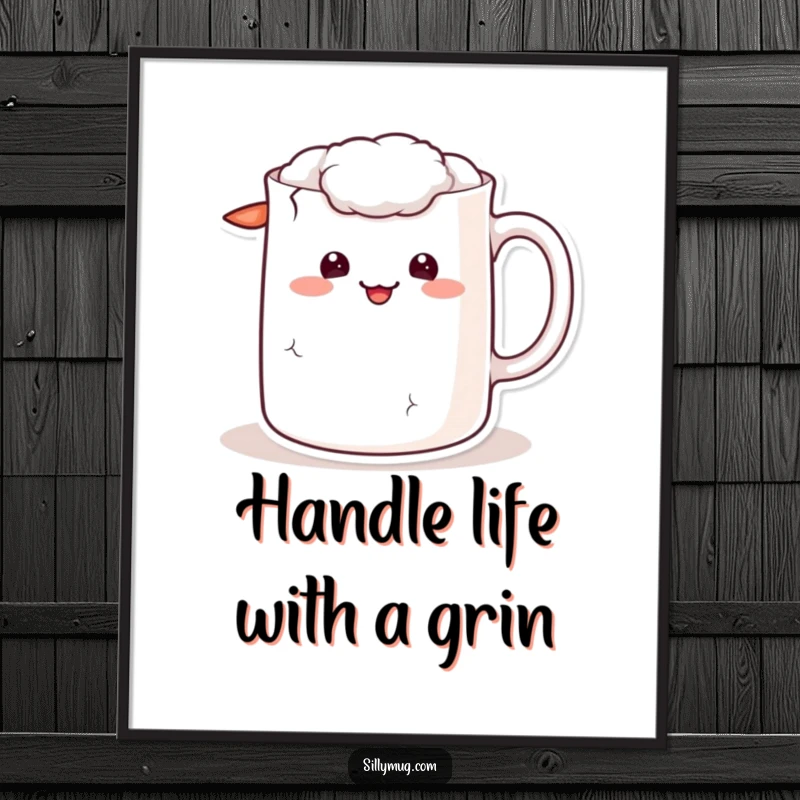 Funny Free Printable Wall Art: A kawaii mug character with a cracked handle and an adorably sheepish grin, adding quirky charm to your space.