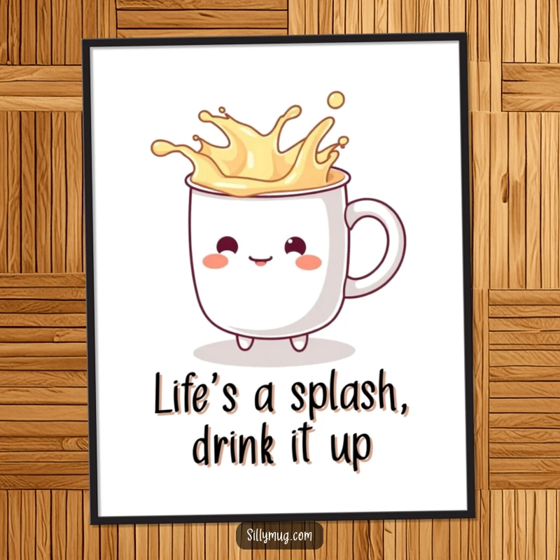 Funny Free Printable Wall Art: A kawaii mug character playfully splashing imaginary liquid from its rim with a mischievous grin.