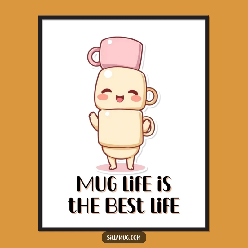 Funny Free Printable Wall Art: Giggling Kawaii Mug Tower - Downloadable Home Decor