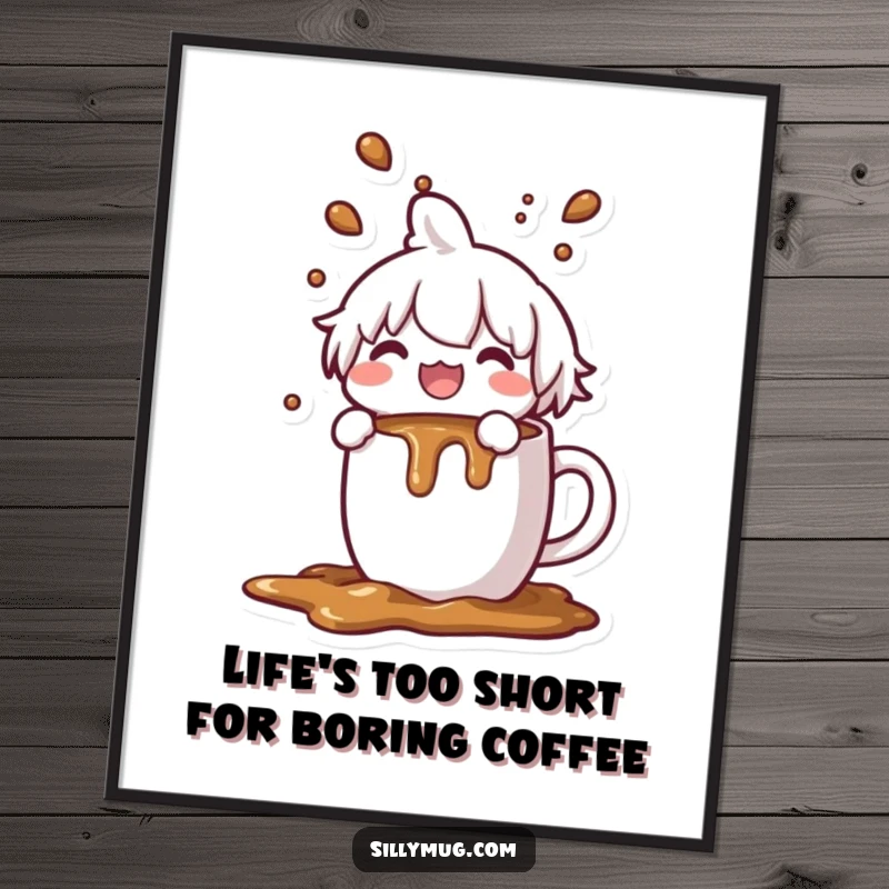 Funny Free Printable Wall Art: a Kawaii character joyfully spills coffee from an overflowing mug, perfect for a humorous, cozy kitchen.