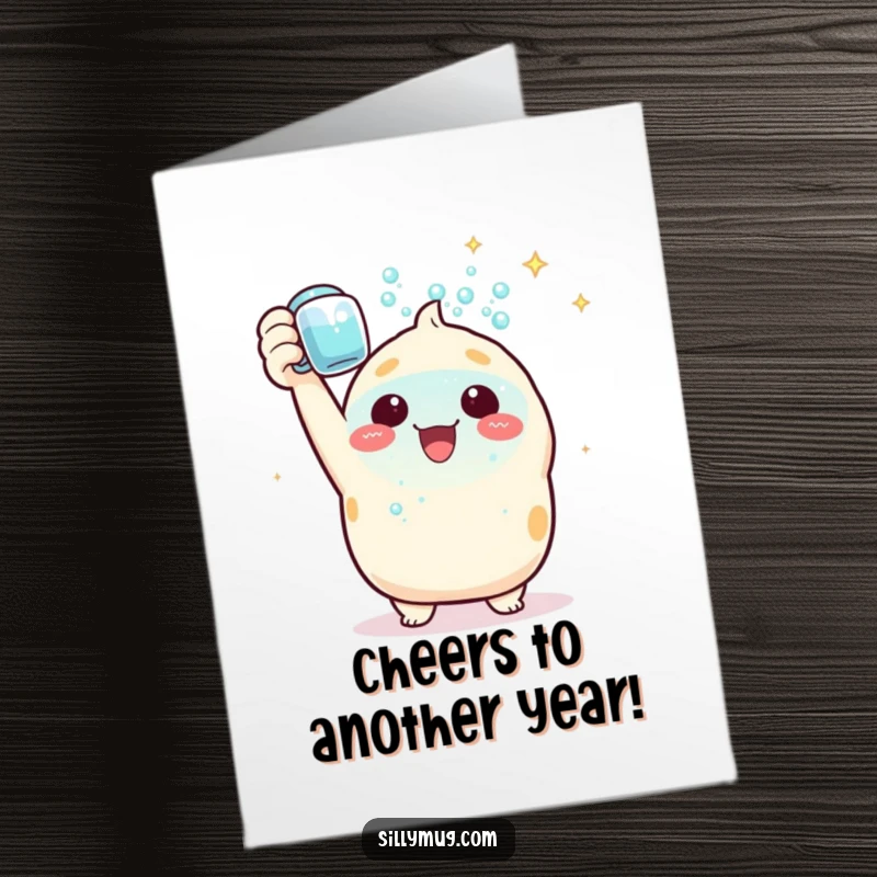 Funny Free Printable Birthday Card: Triumphant Kawaii character raises a mug overflowing with sparkling bubbles, celebrating joyfully.