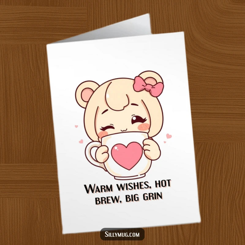 Funny Free Printable Birthday Card: Winking character with a heart mug, spreading joy and laughter, perfect DIY gift.