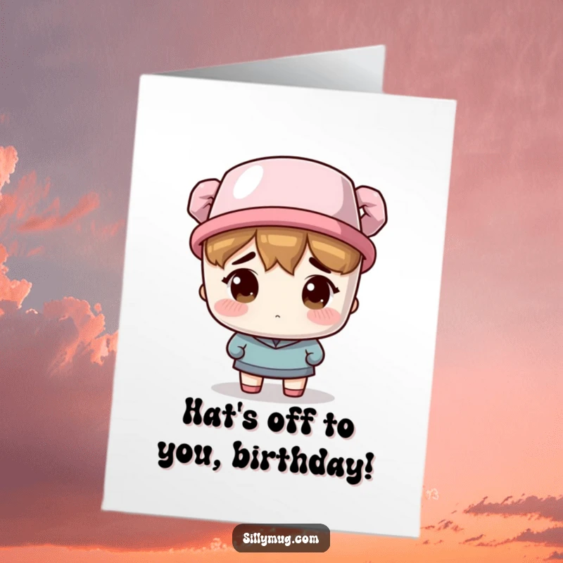 Funny Free Printable Birthday Card: Character looks utterly bewildered wearing a coffee mug as a hat, ideal for a humorous DIY greeting.