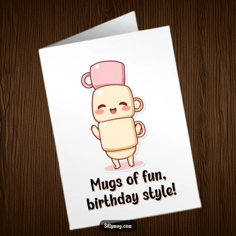 Funny Free Printable Birthday Card showing a giggling Kawaii character struggling to balance a tall stack of coffee mugs.