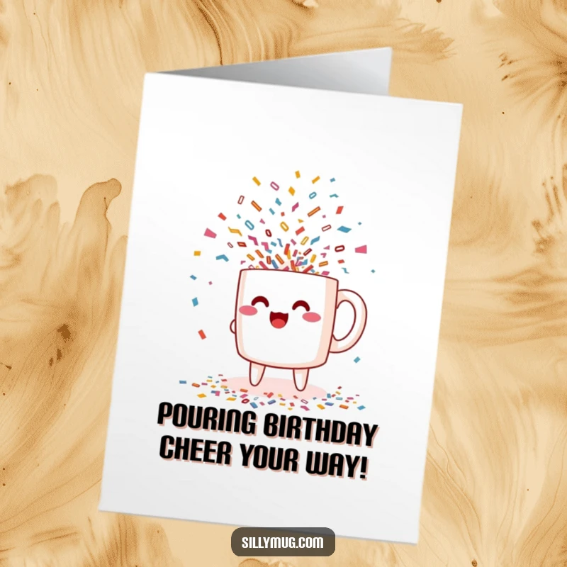 Funny Free Printable Birthday Card: An excited kawaii mug showering a cascade of colorful confetti.