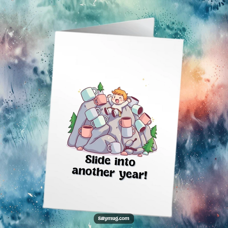 Funny Free Printable Birthday Card: A character joyfully slides down a steep mountain made of coffee mugs, celebrating a thrilling birthday.