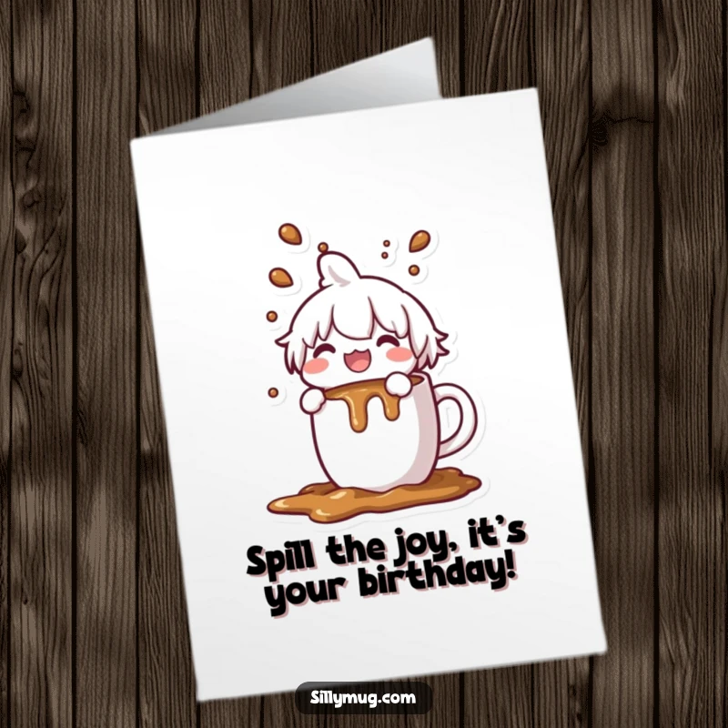 Funny Free Printable Birthday Card: a Kawaii character joyfully spills coffee from an overflowing mug, celebrating the day with messy glee.