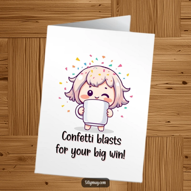 Funny Free Printable Congrats Card: a cheerful Kawaii character firing confetti from a mug, celebrating a fantastic achievement.