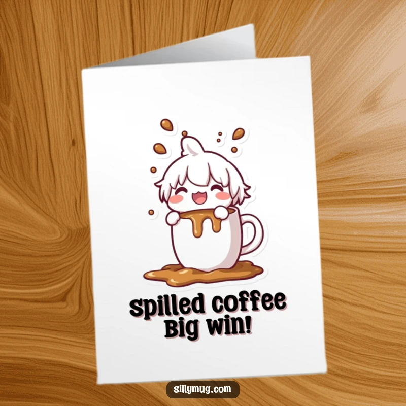 Funny Free Printable Congratulations Card: a Kawaii character joyfully spills coffee from an overflowing mug, marking success with messy delight.