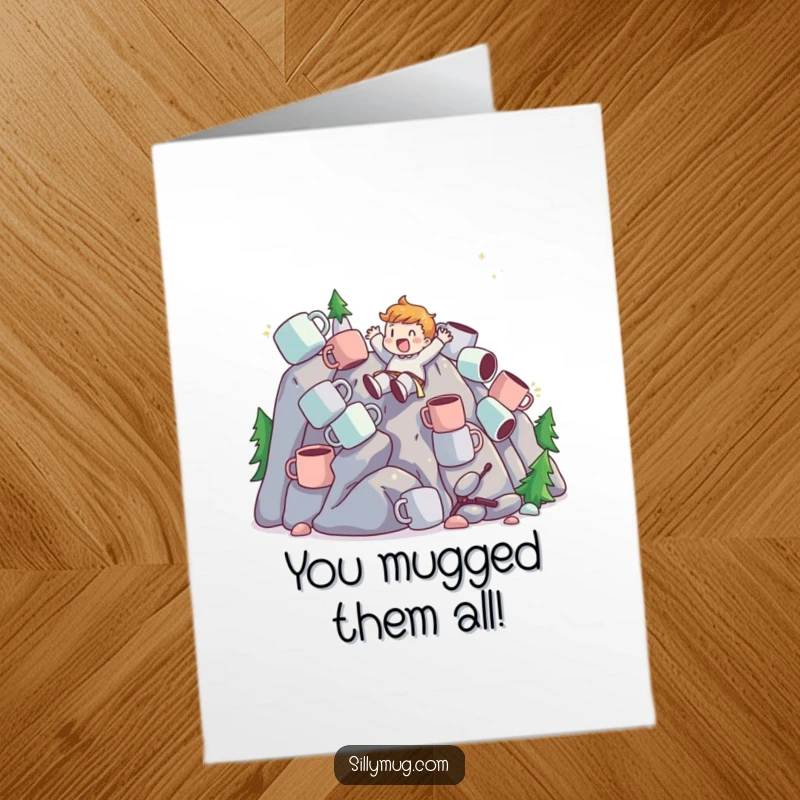 Funny Free Printable Congratulations Card: A character slides with pure joy down a towering mountain of mugs, symbolizing a successful and thrilling ascent.
