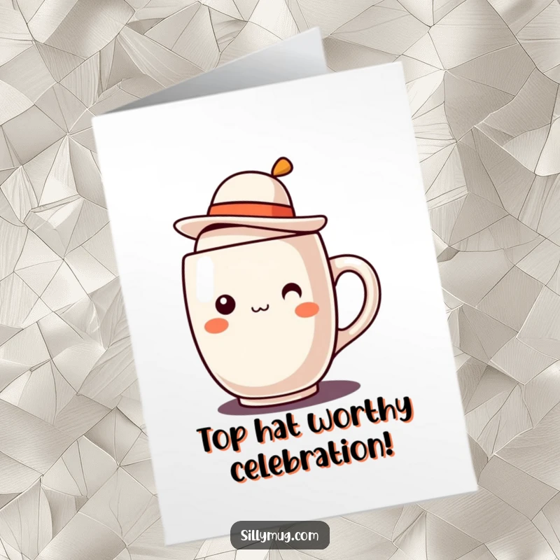 Funny Free Printable Congratulations Card: A kawaii mug sporting a tiny, tilted hat, looking celebratory.